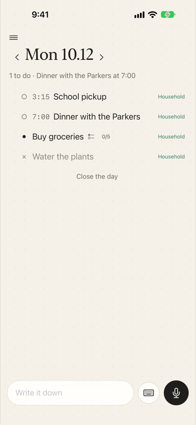 Alex's day: only the Household items Sam shared, nothing from work or Sam's private list.